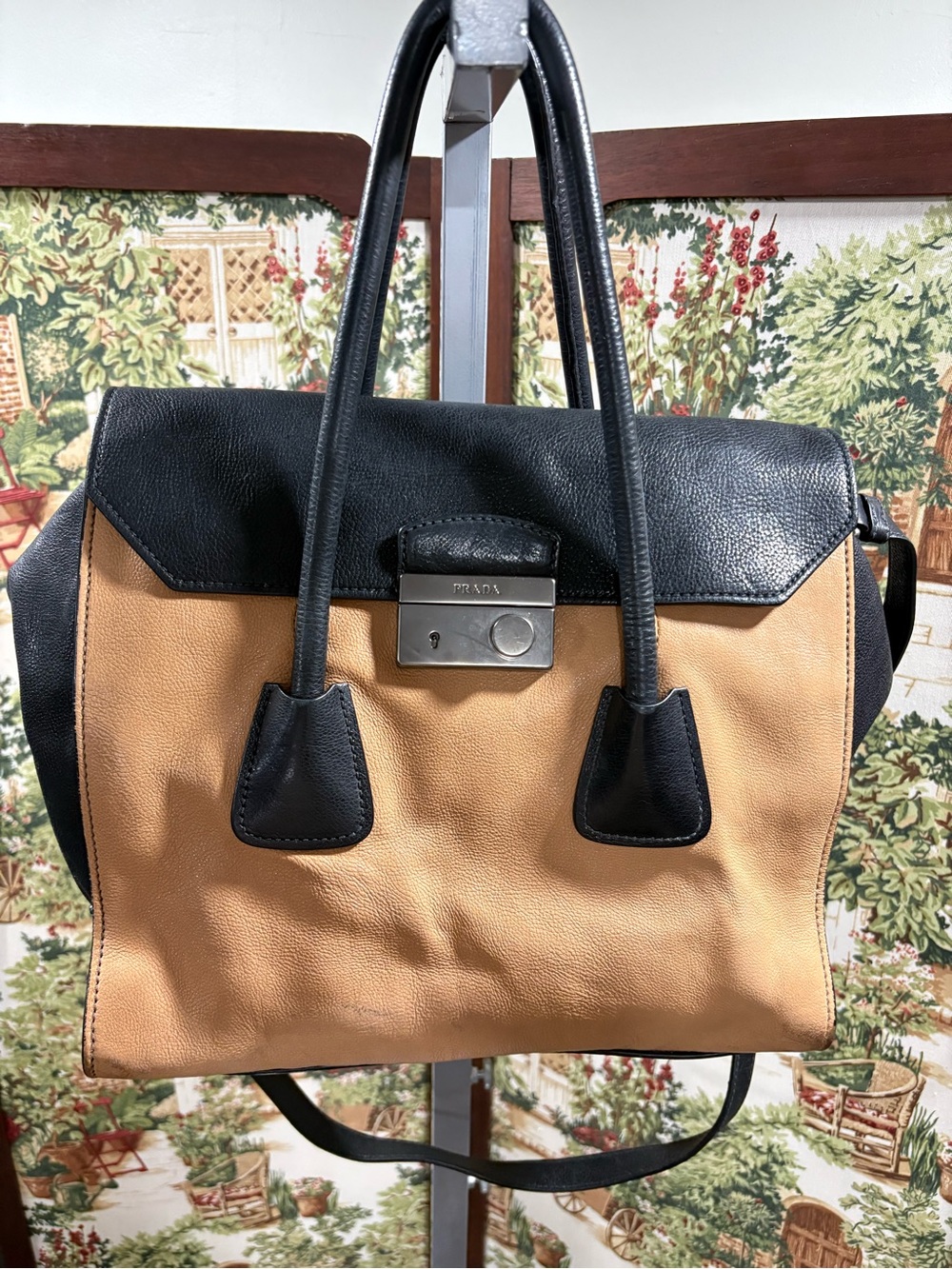 Prada Glance Pomice Two-Tone Tan and Black Leather Satchel